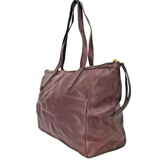 FOSSIL Sydney Burgundy Leather Double Handle Large Tote Bag Zip Top - Picture 3 of 14